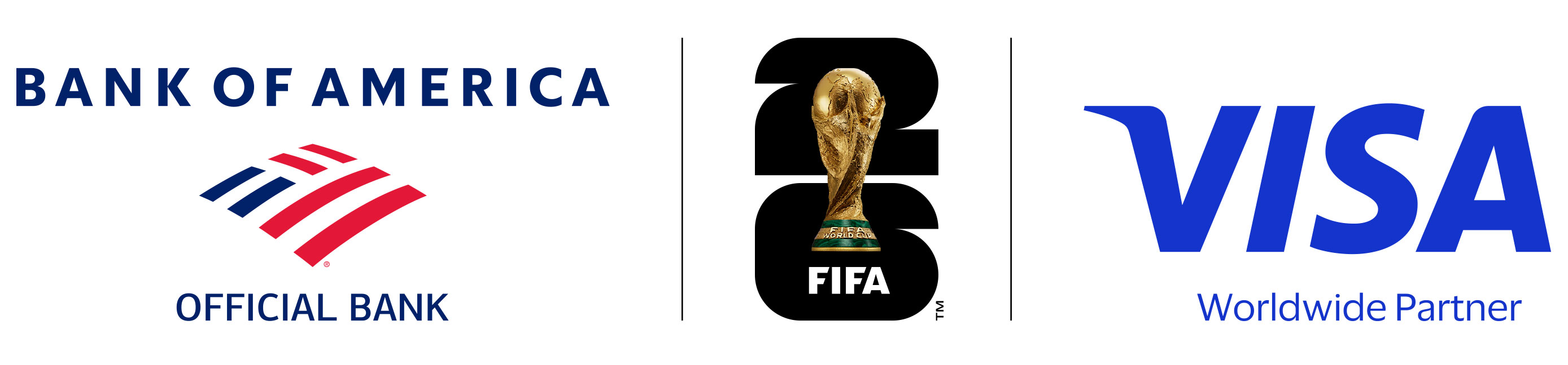 Bank of America, FIFA logo Official Bank partner of the FIFA Club World Cup 2026, and Visa Worldwide Partner logo