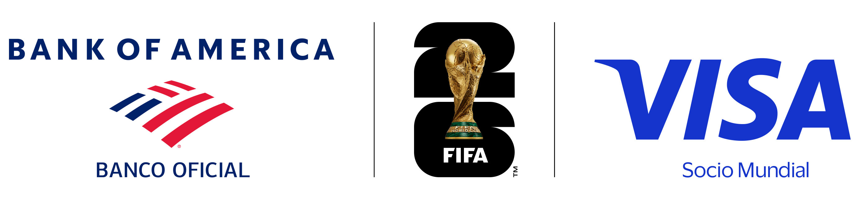 Bank of America, logotipo de la FIFA de Banco Patrocinador Oficial del Mundial de Clubes FIFA 2026TM, y logotipo de Visa Worldwide Partner