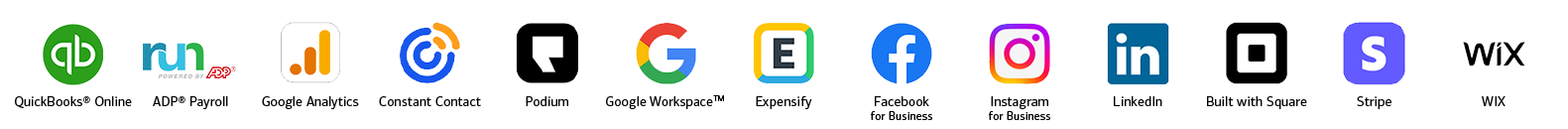 Logos of commonly used business apps, including QuickBooks® Online, ADP Payroll, Google Analytics, Constant Contact, Podium, Google Workspace™, Expensify, Facebook for Business, Instagram for Business, LinkedIn, Built with Square, Stripe and Wix.
